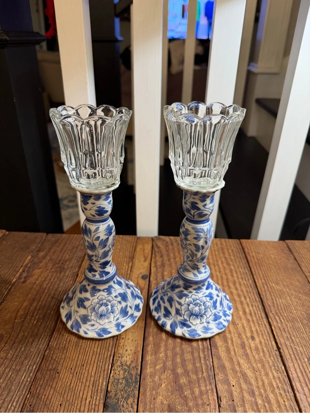 Pair of Blue and White Ceramic Candlesticks with Vintage Tulip Glass Votive Cups